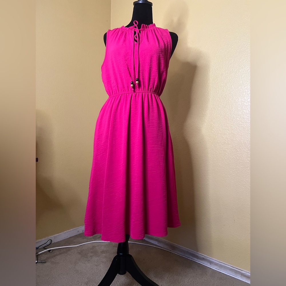 Sleeveless Fuchsia Tie-Neck A- Dress